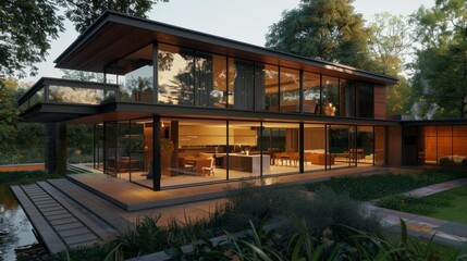Fototapeta premium A modern glass-walled house in a lush garden setting, with warm indoor lights creating a welcoming, cozy atmosphere at dusk.