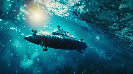 Fototapeta premium A silent submarine navigates through luminous, ethereal underwater depths, evoking feelings of intrigue and the unknown.
