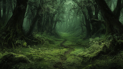 
ChatGPT said:
An image of a dense, dark forest, where the trees are tall and close together, creating an almost impenetrable canopy. The rich green foliage is deep and lush, with varying shades 