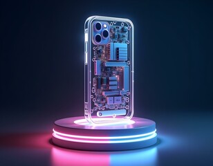 A 3D phone symbol with a transparent design that shows internal components, placed on a futuristic-looking pedestal with neon lighting create with ai