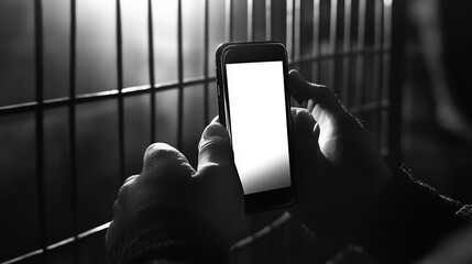 Black and White Photo of a Hand Holding a Smartphone in Front of a Metal Fence