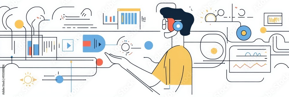 Poster man with headset interacting with data flow - a man wearing a headset interacts with a data flow, sy
