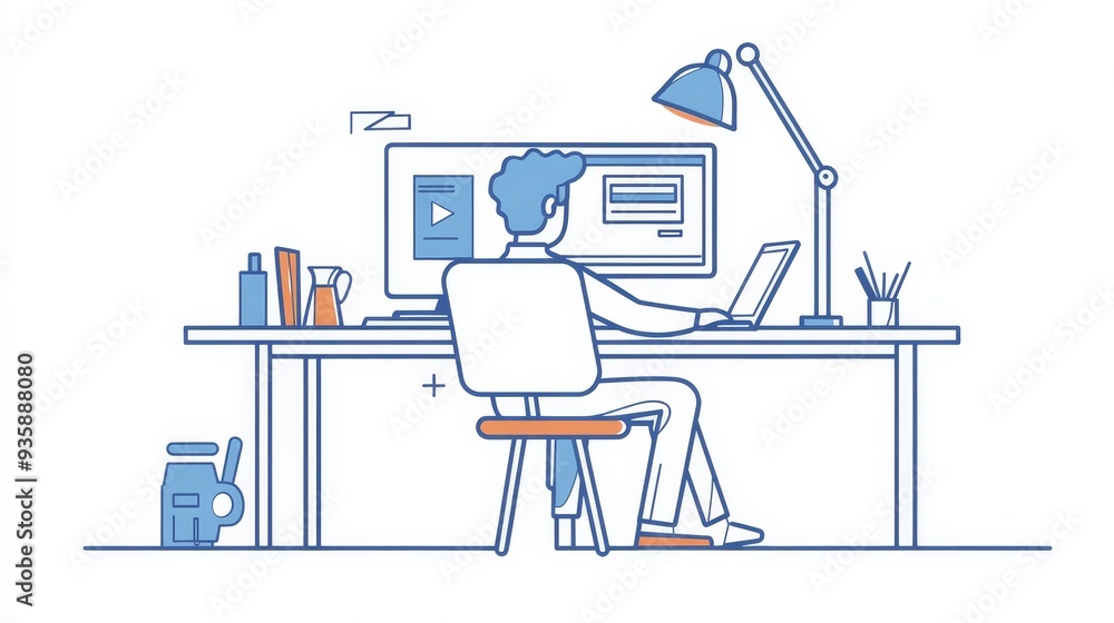 Poster man working on computer at desk with desk lamp - a man sits at a desk, facing a computer with a desk