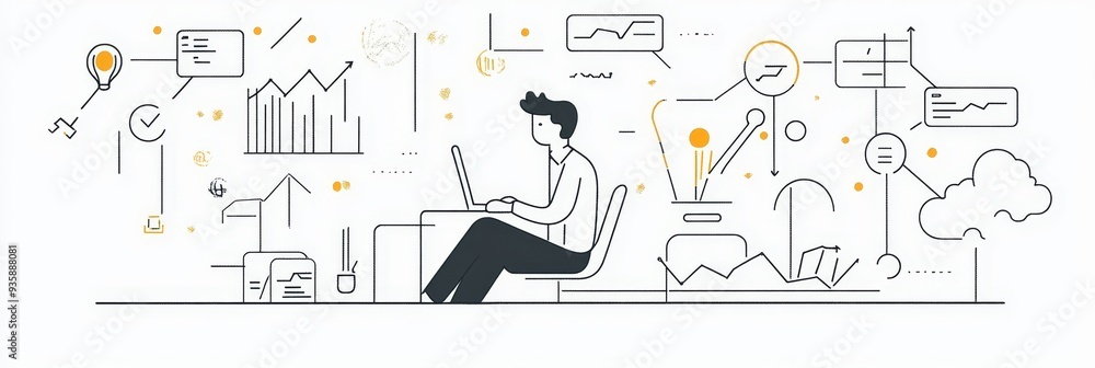 Poster man working on laptop with ideas and data visualization - a man sits at a desk working on a laptop, 
