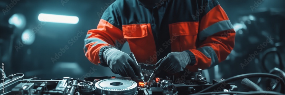 Poster mechanic working on engine in industrial setting - a mechanic in a safety vest and gloves is working