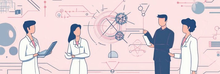 Medical Professionals Collaborating on Innovative Research and Development - A team of four medical professionals, including two female doctors and two male scientists, are working together to analyze