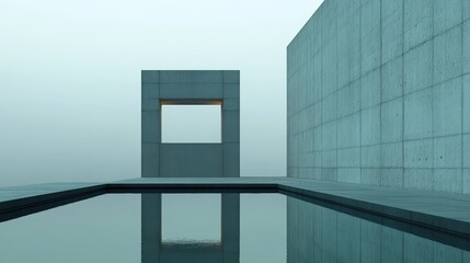 Minimalist Concrete Architecture with a Reflection Pool - A modern architectural design featuring a concrete structure with a window and a reflecting pool in the foreground. The image evokes concepts 