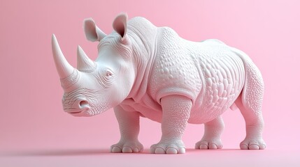 Obraz premium A detailed white rhinoceros sculpture set against a pink background, showcasing intricate textures and a modern, minimalist design.