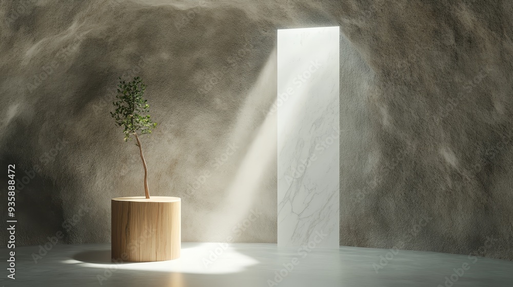 Poster minimalist room with a small tree and sunlight streaming through a window - a small tree in a wooden
