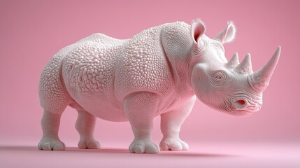 Against a pink background, a detailed white rhinoceros sculpture highlights its intricate textures and modern, minimalist design.