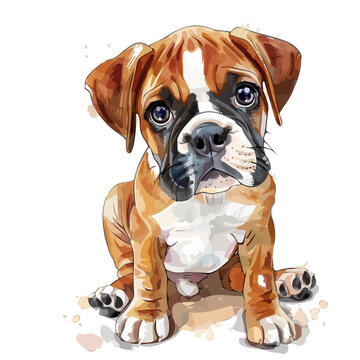 recommend clip art: Watercolor vector of a cartoon boxer dog, isolated on a white background, boxer dog animation