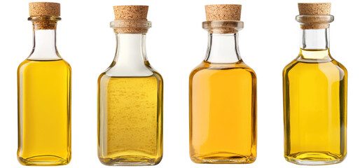 Collection of various oils in glass bottles with cork stoppers isolated on a white background.