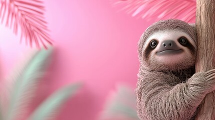 A happy sloth clings to a tree against a vibrant pink background with soft, colorful foliage, creating a playful and tropical atmosphere.