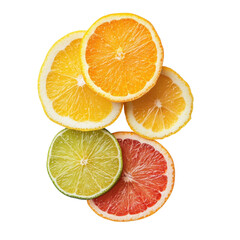 citrus fruit slices, showcasing oranges, lemons, limes, and grapefruits isolated on a white background.