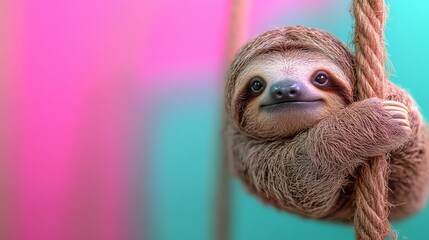 A smiling sloth hangs onto a rope against a vibrant pink and teal background, creating a playful and colorful scene with a joyful atmosphere.