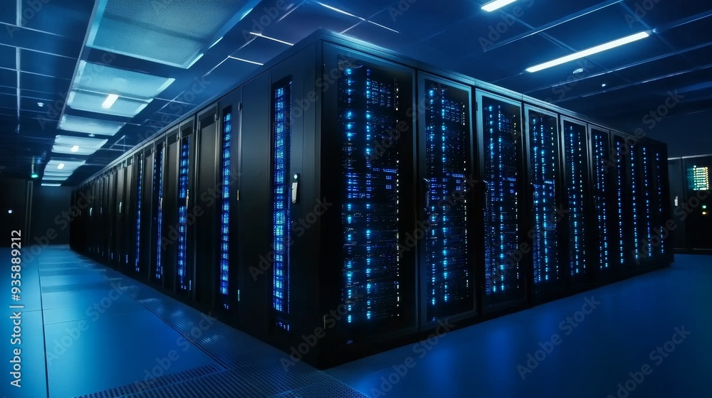 Poster modern data center server room with blue lights - rows of servers in a modern data center, illuminat