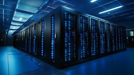 Fototapeta premium Modern Data Center Server Room with Blue Lights - Rows of servers in a modern data center, illuminated by blue lights, symbolizing technology, data storage, cloud computing, internet infrastructure, a