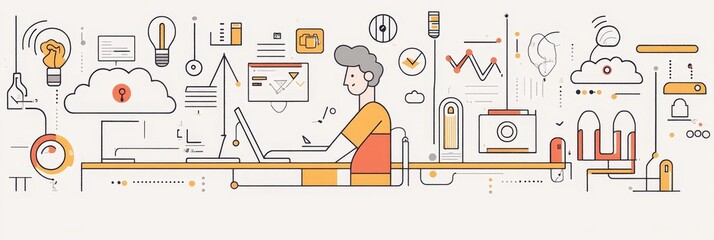 Modern Digital Workplace with Cloud Computing and Innovation - This illustration depicts a person working on a laptop in a modern office setting. It symbolizes  cloud computing, innovation, collaborat