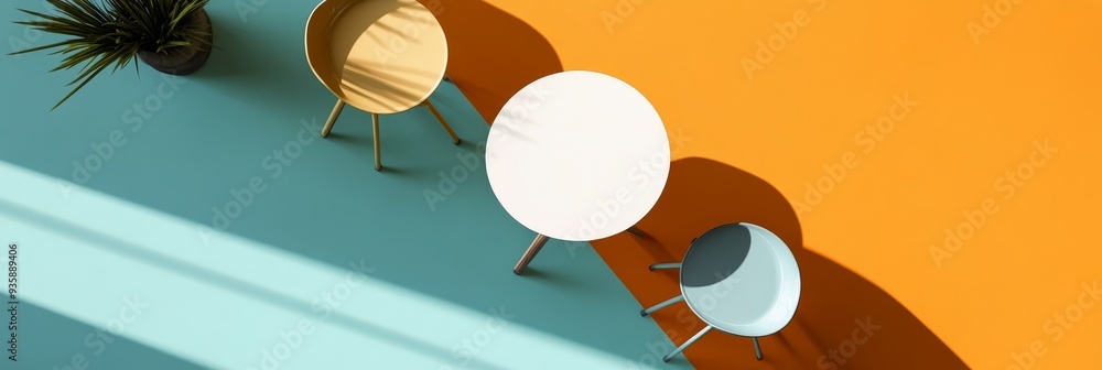 Poster modern minimalist interior design with colorful accent walls and round tables - three round tables i