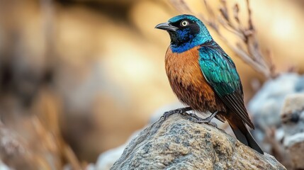 A Vibrant Blue and Orange Bird Perched on a Rock