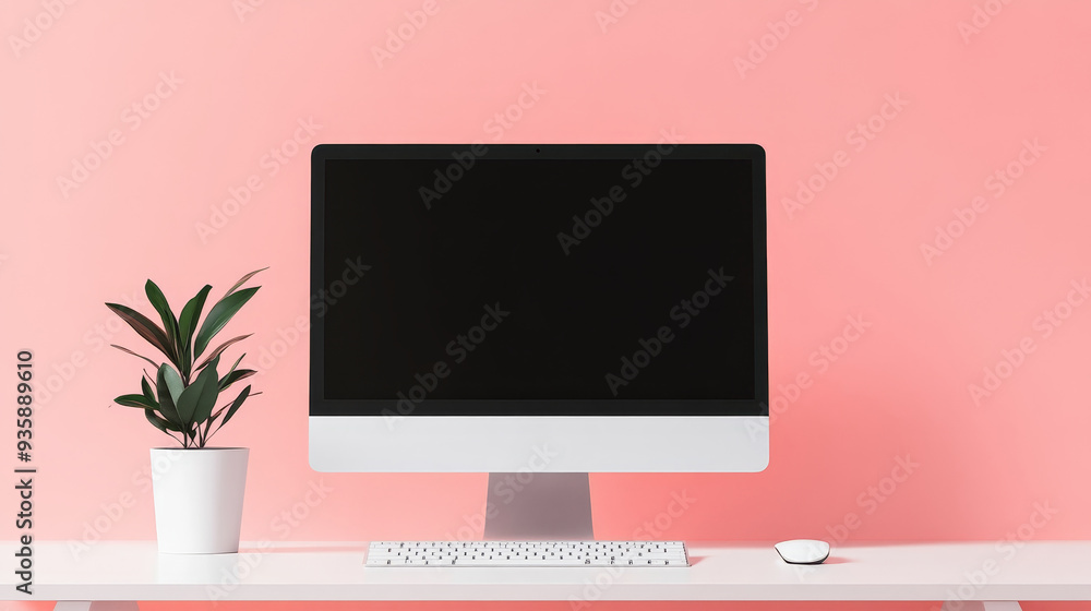 Aufkleber modern minimalist workspace with desktop computer and plant - a sleek desktop computer sits on a whi