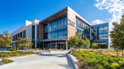 Obraz premium Modern Office Building with Landscaped Courtyard - A modern office building with a landscaped courtyard, showcasing a professional and inviting work environment. The image represents growth, innovatio