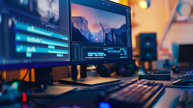 A sleek editing setup with dual monitors showcasing video editing software, set against a warmly lit, organized desk environment.