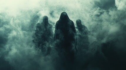Fototapeta premium Mysterious Figures Emerging from the Mist - Three shadowy figures emerge from a swirling mist, symbolizing mystery, secrecy, and the unknown, with an ominous and ethereal atmosphere.