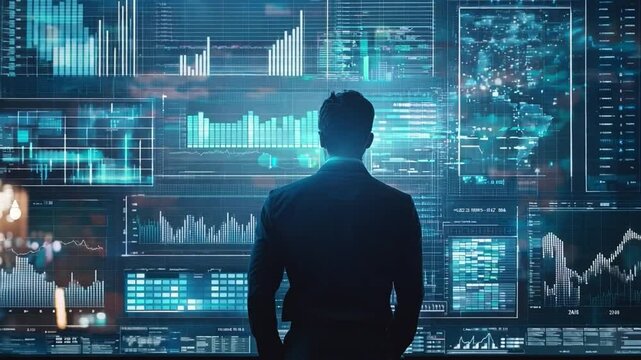 Businessman observes various analytical graphs and data visualizations displayed on a large digital screen in an office setting.