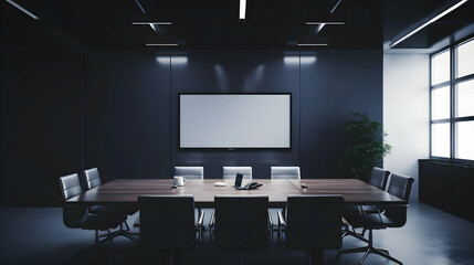 A minimalist boardroom setup with high-tech presentation equipment,