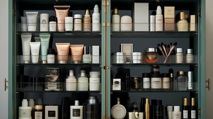 A mirrored medicine cabinet revealing organized shelves stocked with premium skincare products
