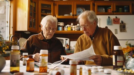 Two elderly individuals concentratedly review documents on a kitchen table crowded with medication bottles, showcasing a moment of shared focus and interaction.
