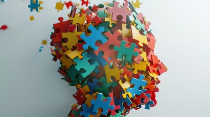 A human head silhouette is composed of colorful puzzle pieces, representing the complexity and interconnectedness of thoughts and identity.