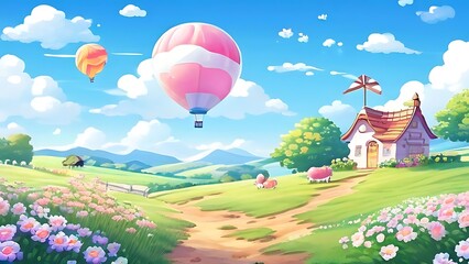 Fototapeta premium Whimsical Cottage with Hot Air Balloons and Flowers