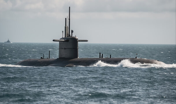 A large, gray submarine navigates through choppy water on a cloudy day