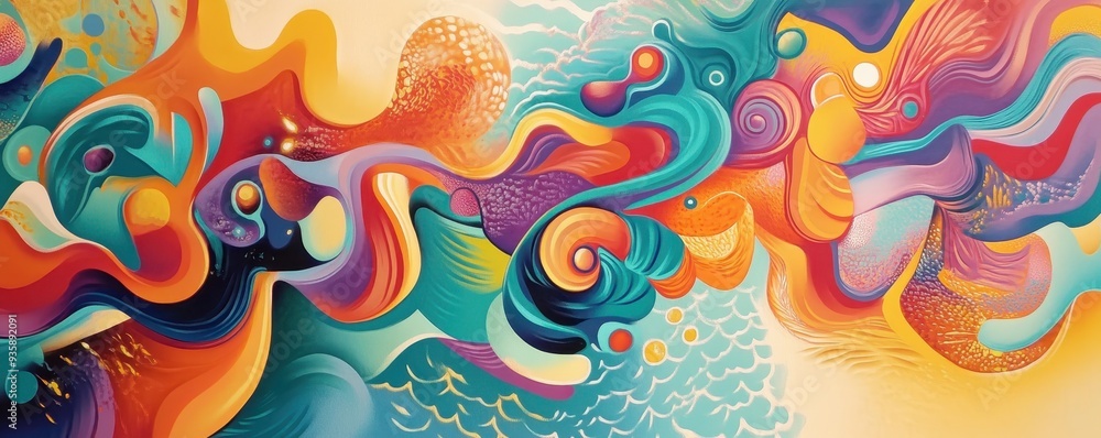 Poster a vibrant abstract painting with swirling colors and dynamic shapes, creating a lively and energetic