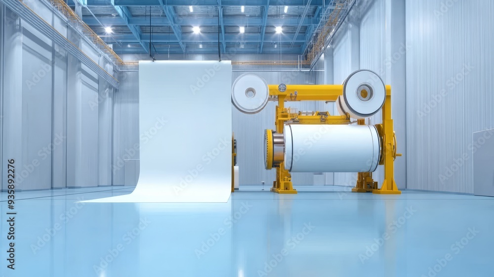 Aufkleber paper production line in a modern factory - a large roll of paper is being processed on a production