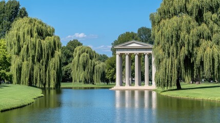 Obraz premium A picturesque white gazebo sits gracefully in the center of an artificial lake, reflecting the beauty of surrounding willow trees and lush greenery under a clear blue sky