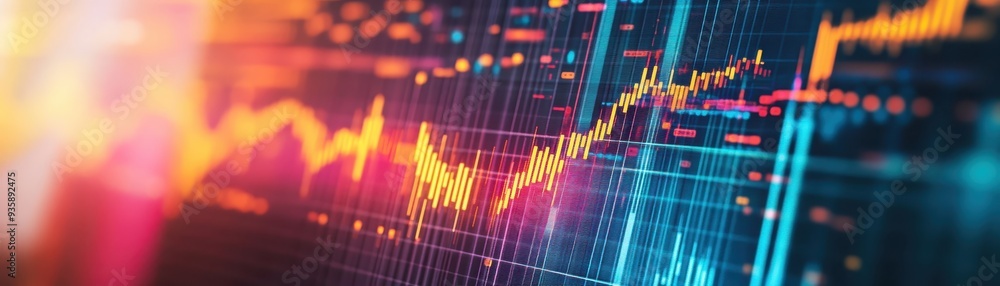 Poster abstract digital chart showing financial data trends with a vibrant multicolored background, symboli