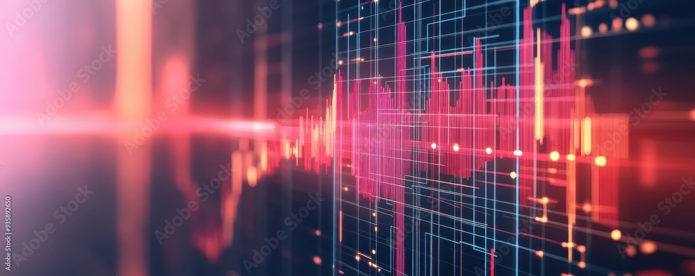 Poster abstract digital representation of financial data with glowing red and blue lines and graphs, illust