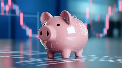 Piggy Bank and Stock Market Chart: Investing for the Future - A pink piggy bank sits on a table with a blurred background of a stock market chart, symbolizing financial planning, savings, investment, 