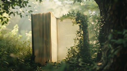A whimsical scene of an open book amidst lush greenery, suggesting enchantment and the magic of storytelling.