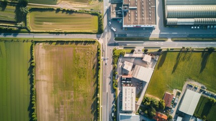 An aerial view captures the geometric intersection of rural and industrial landscapes, highlighting the contrast and coexistence.