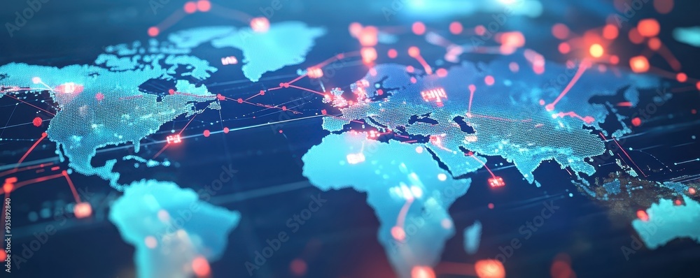 Poster abstract digital world map with connections, showcasing global network, data communication, and tech