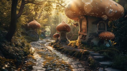 Whimsical mushroom houses surrounded by lush greenery and bathed in golden light create an enchanting forest village, straight out of a fantasy dream.