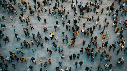A diverse crowd forms a mosaic of colors and patterns, moving in unison across a large public square, reflecting the vibrancy of urban life.