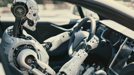 Fototapeta premium A futuristic robot confidently drives a car, showcasing advanced technological integration in autonomous vehicles.