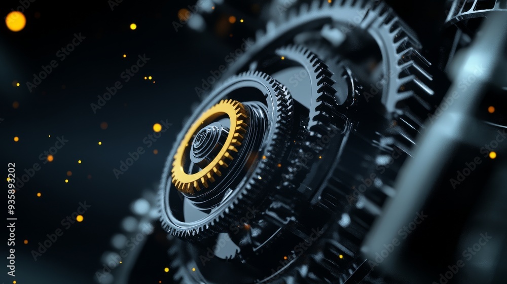 Poster precision machine gears in motion - a close-up of intricate machine gears interlocked in perfect har
