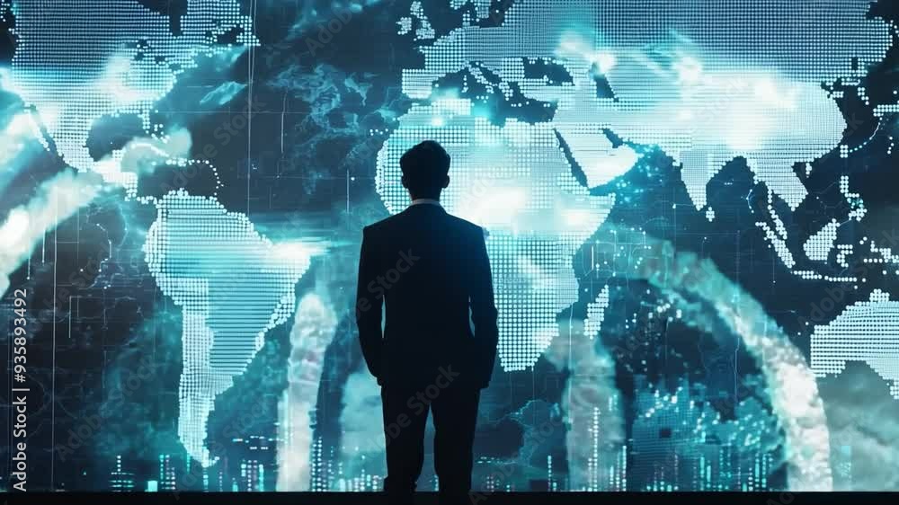 Poster businessman stands in front of a digital display showing a detailed world map and visual data repres
