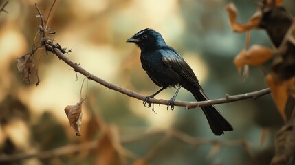 Obraz premium Black Bird Perched on a Branch
